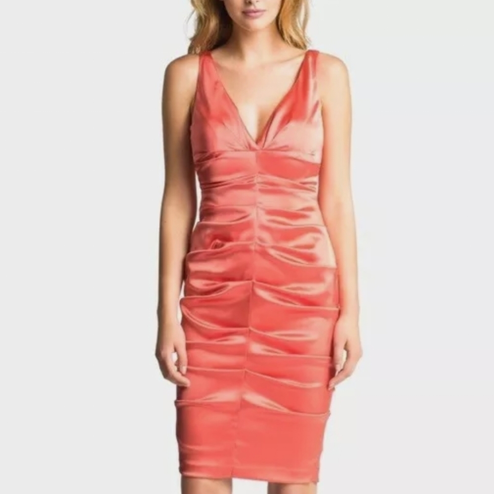 XSCAPE Formal Homecoming Coral Fitted Midi‎ Dress Size 10